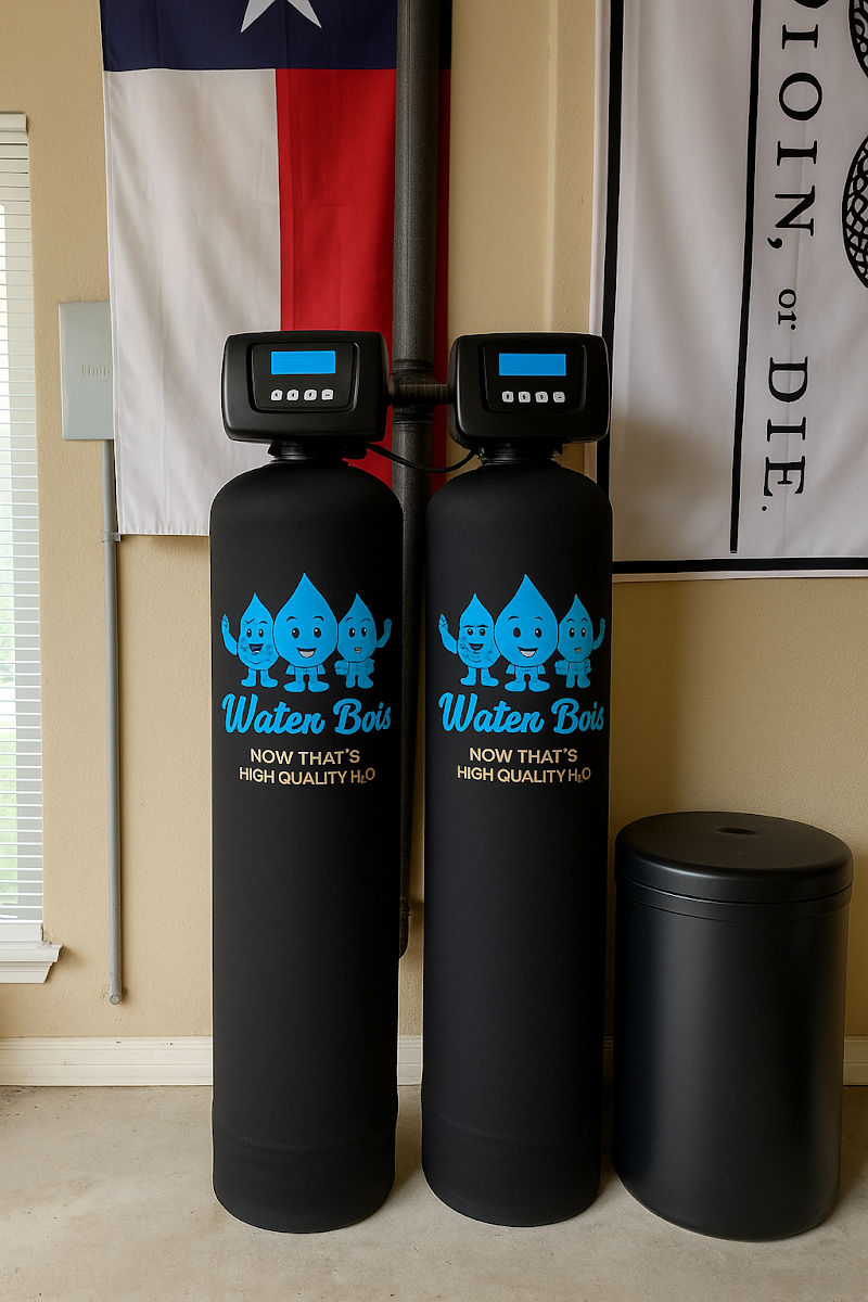 Two branded Water Bois softener tanks installed side by side